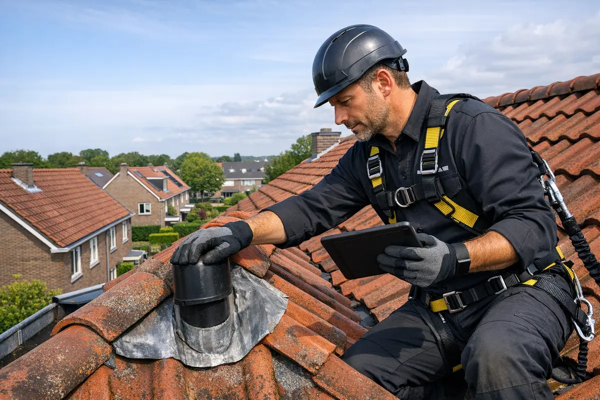 Vakman inspecteert een dak met schoorsteen